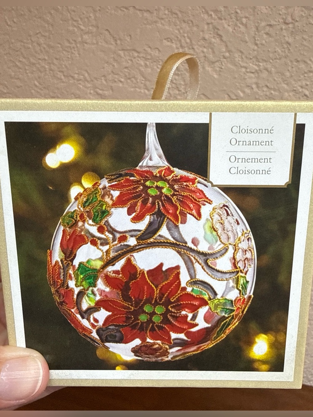 Pier 1 Cloisonné Round Ball Glass Poinsetta 2D Ornament With Box retired